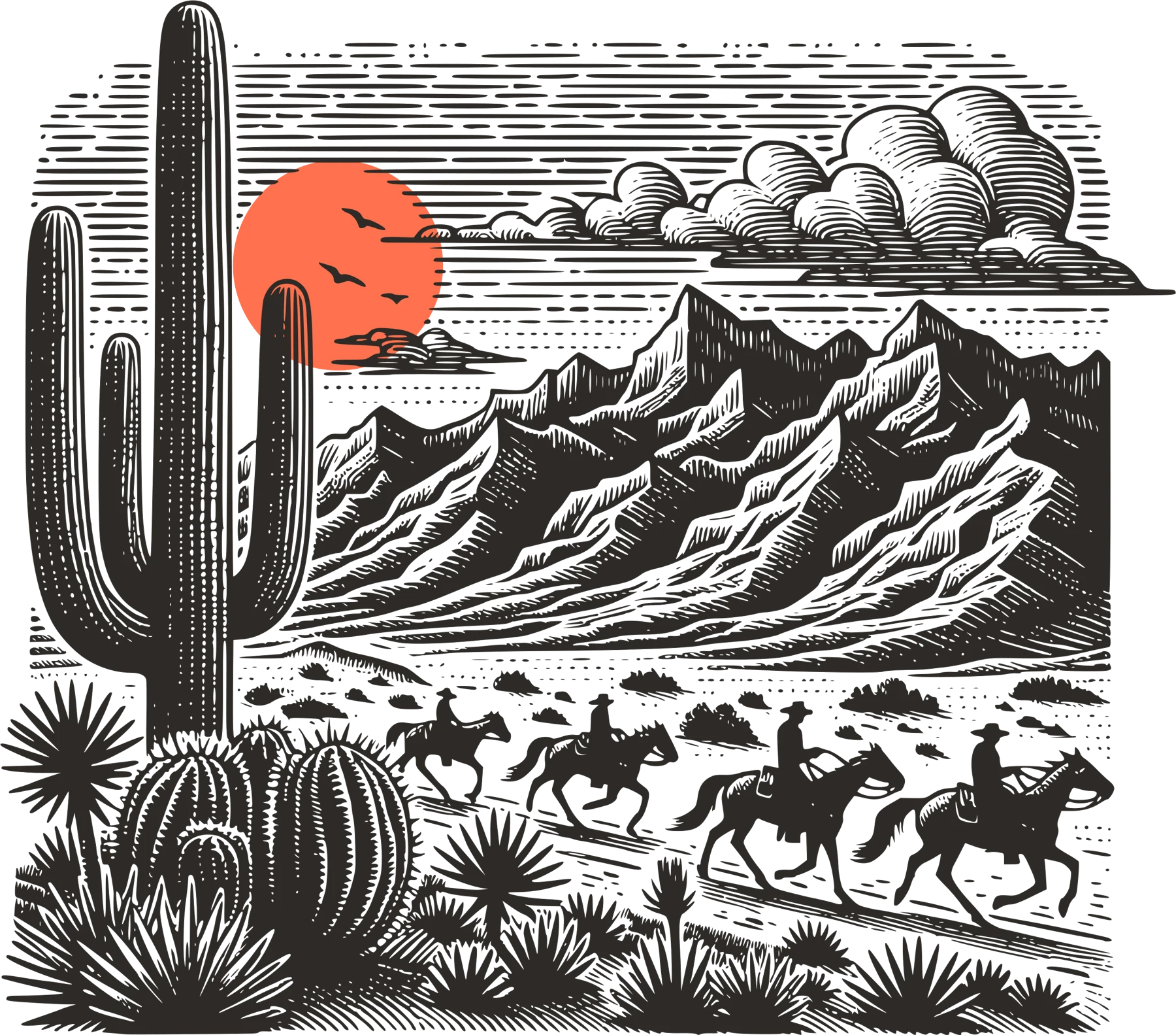 Hand-engraved desert: saguaro, red sun and four riders crossing the flats